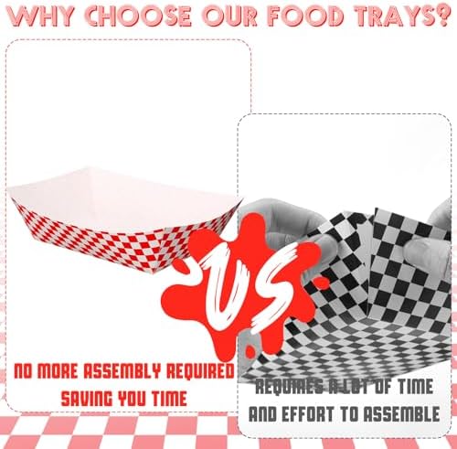 100 Pcs Gingham Party Supply Disposable Paper Food Trays Bulk, Red White