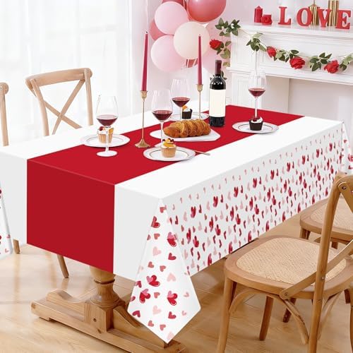 Hxezoc 3 Pack Valentines Day Tablecloths, 54 x 108 Inch Disposable Heart Plastic Table Cover for Girls Kids Valentines Birthday Baby Shower Party Decorations Outdoor Indoor Party Supplies