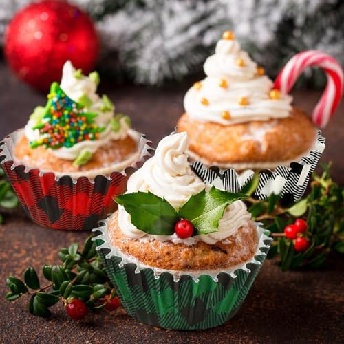 Whaline 600Pcs Christmas Cupcake Wrappers 3 Colors Buffalo Plaid Cupcake Liners Disposable Cake Holders Paper Muffin Cups for Baking Home Kitchen Holiday Party Supplies