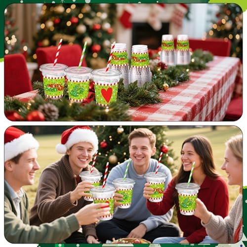 Jingmore 50 Pcs Merry Christmas Plastic Clear Cups with Lids and Straws