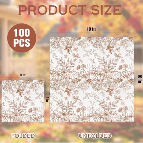 100 Pcs Autumn Floral Disposable Napkins, Elegant Gold Flower Bird Fruit & Japanese Branch Leaf Design Paper Napkins, Absorbent Table Napkins for Home Gathering, Thanksgiving & Fall Celebration