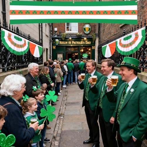 EBaokuup 5 Pcs St. Patrick's Day Flag Bunting Set, St Patricks Day Large Long Hanging Banner with Fan Flags, Irish Shamrock Bunting Flag for Garden Patio Parade Party Decor