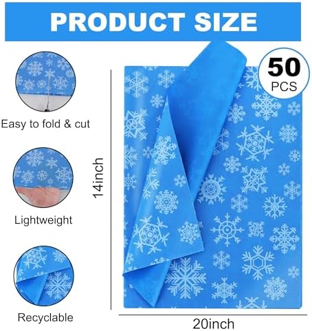 BEISHIDA Christmas Snowflake Tissue Paper Bulk，Royal Blue and White Wrapping Tissue Paper for Gift Bags, 14 x 20 Inch Gift Wrap for Winter Christmas Party DIY Crafts Decor Holiday Flowers-50 Sheets
