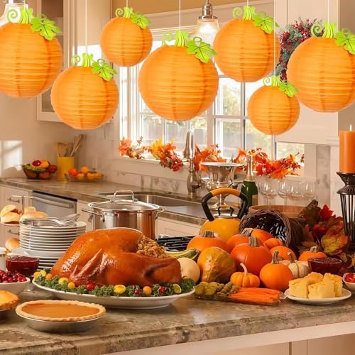 12Pcs Fall Thanksgiving Pumpkins Decorations Orange Paper Pumpkin Ball Decorations Lanterns Unique Design Perfect for Halloween Jack O Lantern Classroom Kitchen Party Indoor Outdoor