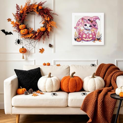 Halloween Cat Diamond Art Painting Kits for Kids with Frame, Diamond Painting Kits for Kids Ages 4-8-12, Easy Gem Arts and Crafts Gift for Girls Boys Adult Beginners Home Wall Decor(7x7inch)
