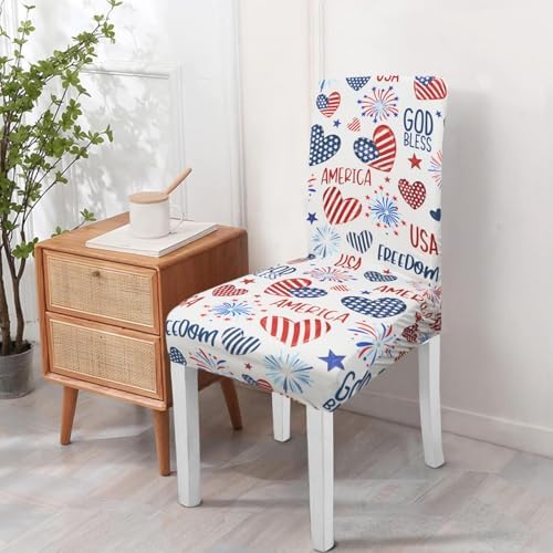 Independence Day Dining Room Chair Covers Set of 4,4th of July Fireworks Hearts Dining Chair Cover,Stretchy Removable Washable Dining Chair Cover,Suitable for 4th of July Kitchen Dining Room Decor