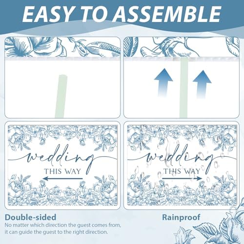 8 Pcs 17 × 8.5" Wedding This Way Directional Parking Signs Road with Stakes Large Double Sided Direction Printed Ceremony Reception Lawn Yard Arrow Sign Exquisite Plastic Rainproof (Blue Flower)