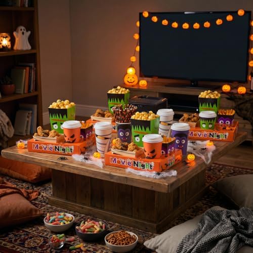 Bokon 172 Pcs/ 24 Sets of Summer Halloween Movie Night Snack Trays Funny Cartoon Pumpkin Vampire 3 Sizes Snack Boxes, 16 oz Disposable Drinks Cups, 50 Straws, Sealing Stickers for Cinema Party Decor