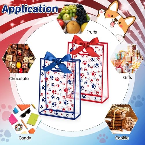 Capoda 24 Pack Patriotic Paw Patterns Gift Bags with Handles, Red & Blue Reusable Plastic Party Favor Bags, Large 4th of July Goody Bag for Kids, Pet Lovers, Independence Day BBQ, Parade for Fireworks