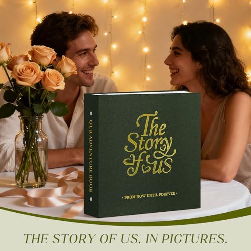 Lanpn Couples Scrapbook Photo Album - The Story of Us, Linen Wedding Anniversary Self Adheisve Picture Book holds 4x6 5x7 A5 Photo for Love Newlywed Valentine's Day (Large 40 Sheets/80 Pages, Green)