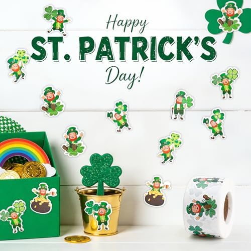 St Patricks Day Stickers, St Patrick's Day Decorations Stickers Roll, 1.2" Green Leprechaun Shamrock Clover Self Adhesive Seals Label Sticker Decals for Card Gift Crafts Irish Party Supplies 500 PCS