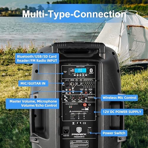 Portable 15" 1600W 2-Way Rechargeable Powered Dj PA Speaker System with Bluetooth, Rechargeable Battery, 2 Wireless Mics, USB, SD, FM Radio, Remote & Speaker Stand for Parties, Events, gigs, Outdoor