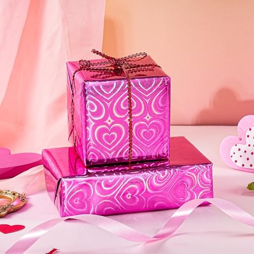 WRAPAHOLIC Heart Wrapping Paper Roll - Mini Roll - 17 Inch x 16.5 Feet - Hot Pink Heart Metallic Holographic Wrapping Paper for Valentines Day, Birthday, Wedding, Baby Shower, Bridal Shower