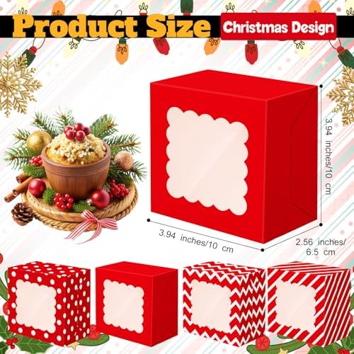 24 Pcs Christmas Bakery Boxes with Window, Red White 4x4x2.5 In
