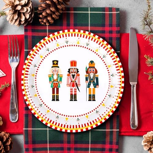 FYSUIMU 50Pcs Christmas Nutcracker Paper Plates Nutcracker Red Border Disposable Plates 9 Inch Merry Party Tableware Dinner Plate for Xmas Winter Holiday Party Table Decor