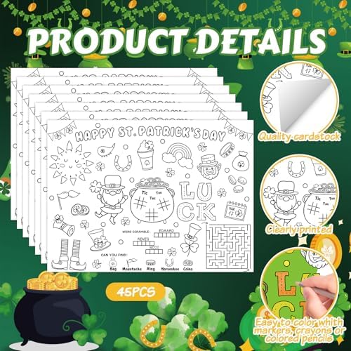 45pcs St. Patrick's Day Disposable Coloring Placemats Irish Crafts for Kids Party Favors Coloring Poster Holiday Party Supplies School Classroom Activities Paper Table Mats