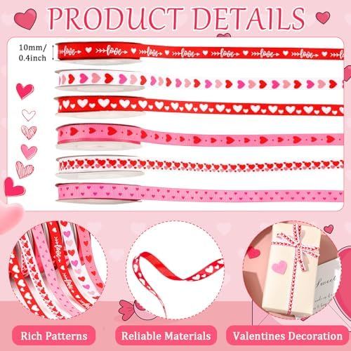 DECYOOL Valentine Ribbon, 6 Rolls 60 Yards Heart Grosgrain Craft Ribbons