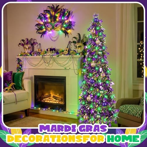 Vicenpal 14 Pcs 5 ft Mardi Gras Decoration Carnival Pop up Tree Kit Collapsible Tinsel Tree with 13 Pcs Mardi Gras Ball Ornaments Green String Lights Hanging for Home Indoor Outdoor Party Supplies