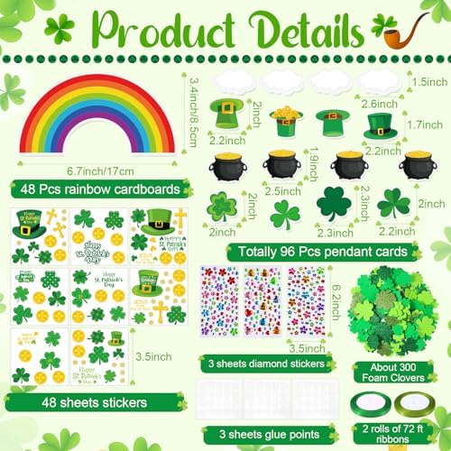 Funrous 48 Sets Crafts Kit Paper Crafts DIY Make Your Own Hanging Ornaments with Pompoms Diamond Stickers for Holiday Classroom Activities Party Favors, St. Patrick's Rainbow