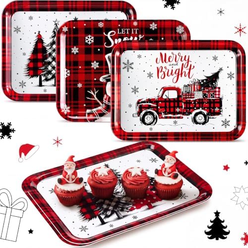 Rtteri 3 Pcs Christmas Serving Trays and Platters 13 x 10 Inch Reusable Red and Black Plastic Christmas Platter Rectangle Buffalo Plaid Xmas Tree Candy Serving Dishes Plates for Holiday Party Decor