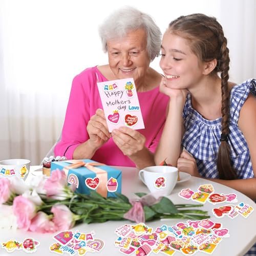 300Pcs Mother's Day Foam Stickers, Cute Hearts Flowers Mom Foam Sticker Self Adhesive Mothers Day Stickers for Mother's Day DIY Arts Crafts Party Favors School Activity Reward