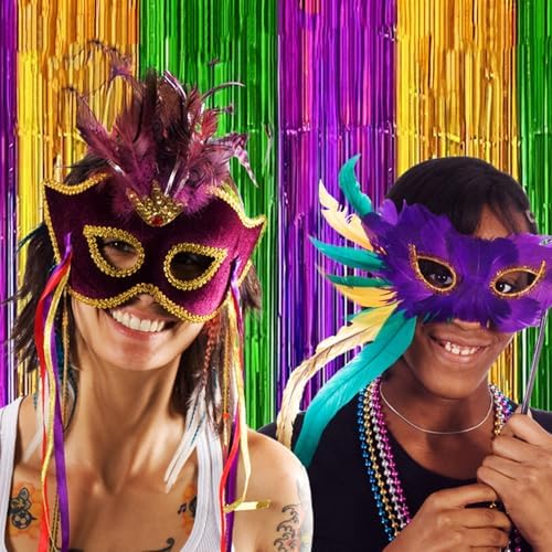 GiftExpress 2-Pack 3.33 FT x 8.33 FT (Total 6.66 FT x 8.33 FT) Mardi Gras Metallic Foil Fringe Curtain, Mardi Gras Themed Party, St. Patricks Day Tinsel Backdrop, Foil Fringe Photo Booth Props