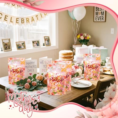 Engrowtic 100 Pcs Mother's Day Plastic Gift Bags with Handles Resealable Pink Flower Mom Candy Treat Goodie Cookie Bags for Happy Mothers Day Party Favor Wrapping Supplies
