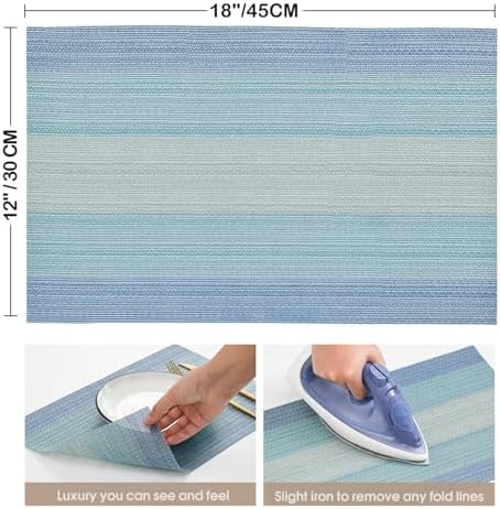 Artoid Mode Gradient Blue Vinyl Placemats Set of 4, Washable Heat Resistant Non-Slip Plastic PVC Place Mats for Farmhouse Holiday Party Dining Decor