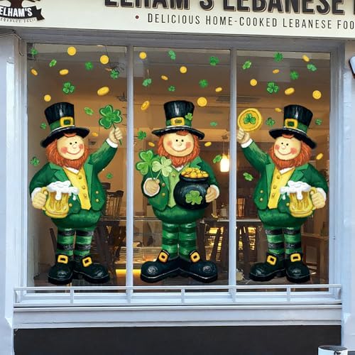 3 Sheets Extra Large St Patrick's Day Leprechaun Window Cling Stickers 13.4X34.6 inch, Green Shamrock Irish Style Window Decals Double Sided for Home Office Spring Party Decoration