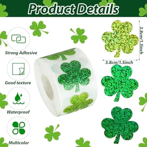 500Pcs Shamrock Stickers Roll for St. Patrick's Day - 3 Styles Holographic Sparkly Green Clover, Self-Adhesive Waterproof Irish Themed Labels for Party, Cards, Envelopes & Gift Wrapping