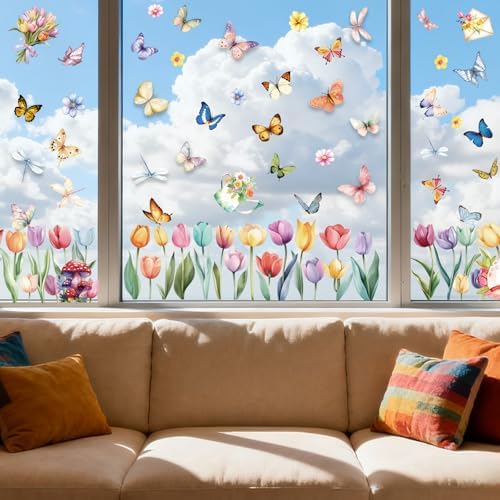 9 Sheets Spring Window Clings Decor, Tulip Floral Butterfly Window Stickers