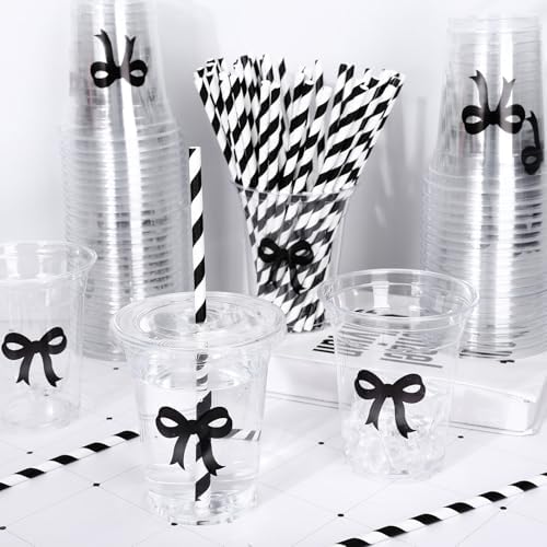 Whaline 50 Pcs Black Bow Disposable Plastic Cups with Lids and Straws 12 Oz Elegant Bow Knot Cold Beverage Drinking Cups for Wedding Birthday Bridal Baby Shower Party Supplies