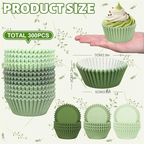 Whaline 300Pcs Sage Green Cupcake Liners Paper Baking Cups Gradient Color Standard Muffin Cupcake Wrappers for Tea Party Wedding Bridal Baby Shower Birthday Party Supplies