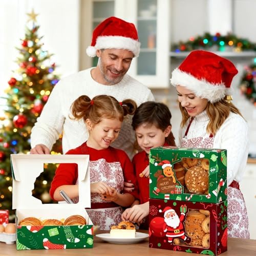 CHOUNYEE 24 Pack Christmas Cookie Boxes (8.25x6x2.75 Inch), Christmas Treat Boxes for Gift Giving, Bakery Boxes with Window for Exchange Gift, Holiday Food Cookie gift Containers