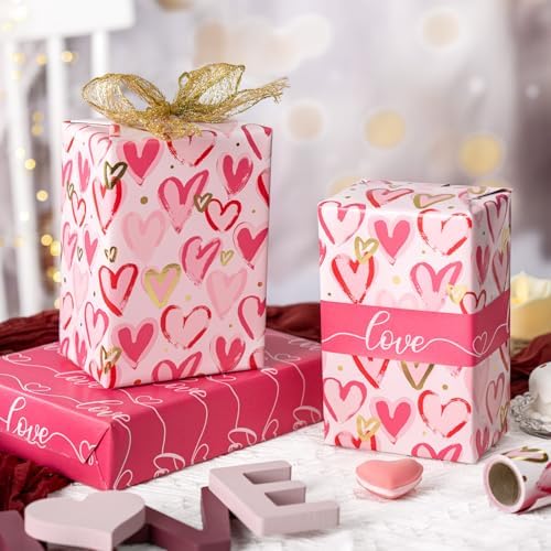 MAYPLUSS Pink Wrapping Paper, Heart Gift Wrap Paper Roll Reversible Love for Girl Women Anniversaries, Wedding Shower, Engagement, Romantic Celebration, Mothers Day, 17IN x 33FT