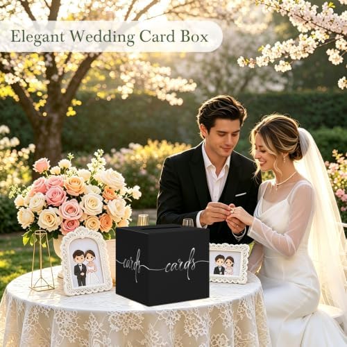 Black Card Box with Silver Foil Design, Paperboard 8.7" Gift Card Holder for Wedding Graduation Birthday Party Reception Retirement Anniversary Bridal & Baby Shower