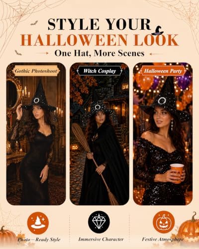 Edoneery Halloween Witch Hat for Women, Mesh Lace Cosplay Costume Accessory