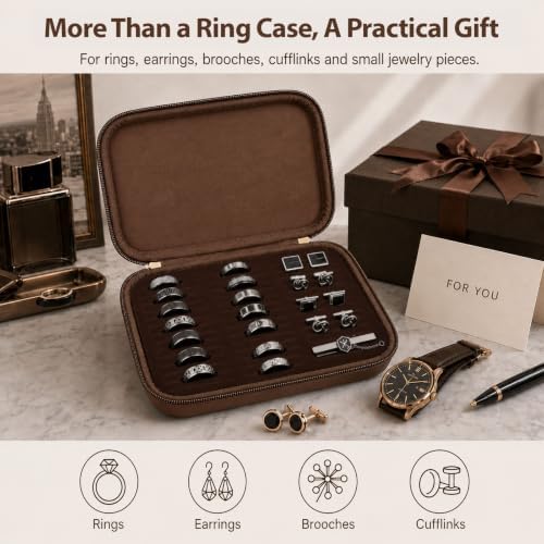 GWCASE Ring Organizer Box 42-Slot Hard Shell Case Holds 50+ Pieces, Coffee