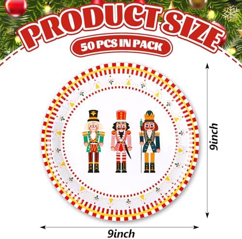 FYSUIMU 50Pcs Christmas Nutcracker Paper Plates Nutcracker Red Border Disposable Plates 9 Inch Merry Party Tableware Dinner Plate for Xmas Winter Holiday Party Table Decor