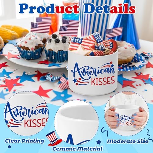 Patriotic 4th of July Candy Dish, Independence Day Mini Ceramic Candy Bowl Tiered Tray Centerpiece Decor, Snack Serving Table Wishes Accents for Party Home Kitchen Events (American Kisses)