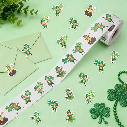 St Patricks Day Stickers, St Patrick's Day Decorations Stickers Roll, 1.2" Green Leprechaun Shamrock Clover Self Adhesive Seals Label Sticker Decals for Card Gift Crafts Irish Party Supplies 500 PCS