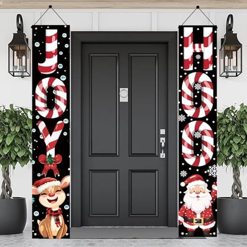 2PCS Christmas Porch Banner Decorations 71 x 12 Inch JOY HOHO Candy Cane Hanging Sign Santa Claus and Reindeer Outdoor Front Door Holiday Banner for Winter Yard Party Wall Decor