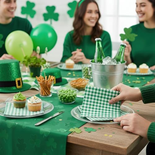 80 Pack Green Gingham Paper Napkins, 6.5 x 6.5 In, Disposable