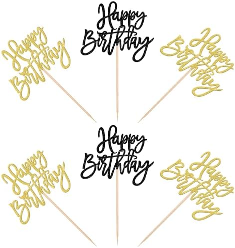 24 PCS Happy Birthday Cupcake Toppers Glitter Happy Birthday Cupcake Picks for Celebrating Anniversary Theme Party Cake Decorations Supplies Black Gold