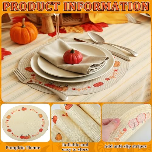 Remerry Thanksgiving Pumpkin Placemats Set of 6, 13" Leaves Pumpkins Fall Table Mats Round Weaving Embroidered Heat-Resistant for Thanksgiving Halloween Party Kitchen Dining Restaurant Decoration