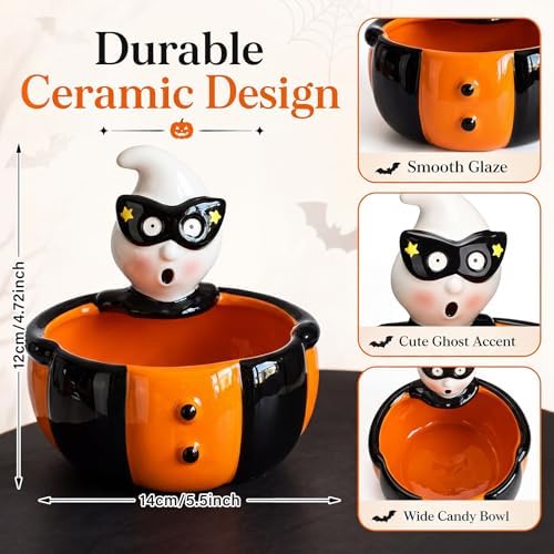 Reallnaive Halloween Candy Bowl Vintage Pumpkin Ghost Ceramic Candy Dish