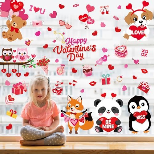Happy Valentine's Day Window Clings 6 Sheets, Red Pink Hearts Window Decals Clings for Home Classroom Party Decorations Supplies, Reusable Valentine XOXO Love Cling for Windows (Valentines)