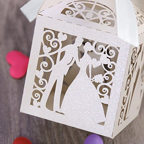 Tinksky 100pcs Wedding Candy Boxes Couple Design Luxury Lase Cut Party Wedding Favor Ribbon Candy Boxes Gift Box Table Decorations (White)