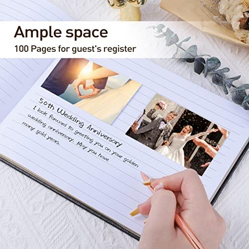 JUBTIC Black Guest Book for Graduation Party Guest Sign in Book with Pen for Reception, Wedding, Baby Shower, Birthday, Shower, Funeral, 100 Pages with Gilded Edges and Gold Foiled Cover -7×10″