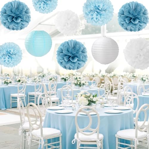 Dusty-Blue White Party-Decorations Paper-Flowers Lanterns - 15pcs Birthday Baby Bridal Shower Tissue Pom Poms Streamers Honeycomb, Boy Men Wedding Bachelorette Hanging Supplies Decor Hugfond